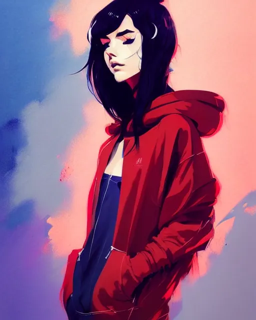 Image similar to a ultradetailed painting of a stylish girl in a oversized hoodie by conrad roset, greg rutkowski and makoto shinkai trending on artstation