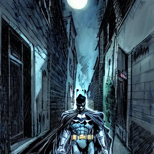 Image similar to the batman appearing out of the shadows in an alley, artwork by jim lee, frightening, fear, scary, intimidating, digital art