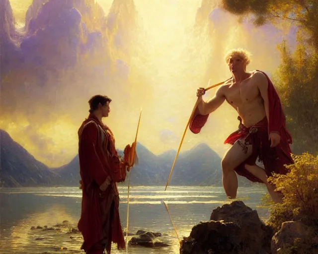 Image similar to attractive male wizard casting powerful giant tsunami spell in a beautiful lake. highly detailed painting by gaston bussiere, craig mullins, j. c. leyendecker 8 k
