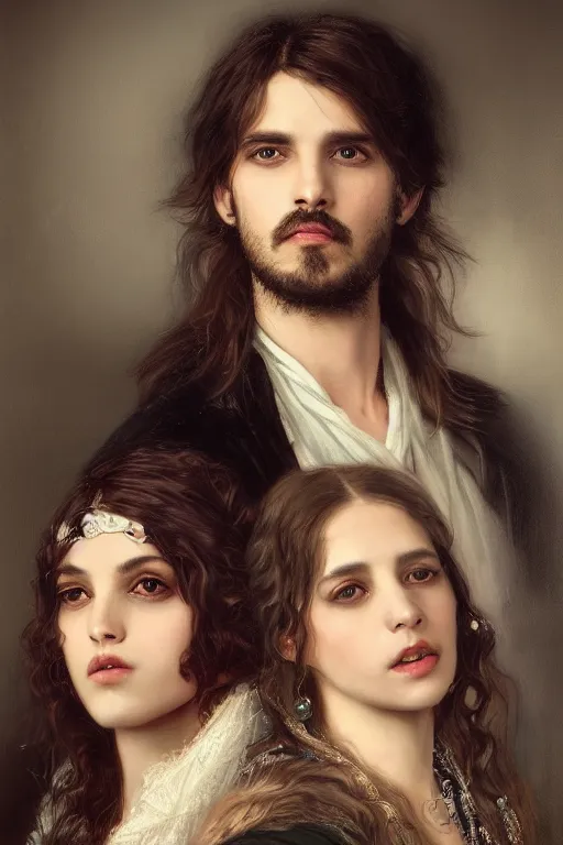 Image similar to a portrait of handsome young male rock star with long hair and his elegant beautiful bohemian wife, bored, illustration, dramatic lighting, soft details, painting oil on canvas, art nouveau, octane render, HDR, 4k, 8k, HD, by Edmund Blair Leighton, Brom, Charlie Bowater, trending on artstation, faces by Tom Bagshaw, Sargent