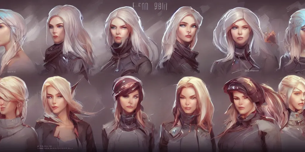 Prompt: concept art of russian female netrunner d & d video game characters head designs, unique hair designs, by marc brunet and artgerm