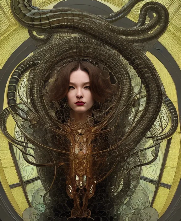 Image similar to intricate orderly opulent transparent clear see - through portrait of a scary beautiful masculine snake, fractal, mechanical, sci - fi environment, ultra realistic, concept art, art nouveau, photorealistic, octane render, 8 k, unreal engine. art by nori inoguchi and sam kaplan and zachary goulko and christopher marley and artgerm and alphonse mucha