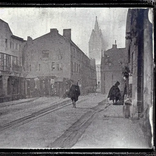 Prompt: street photograph from the 1700s, faded, blurry, first ever photograph