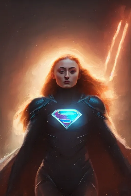 Prompt: a potrait of Sophie Turner as Kryptonian by Greg Rutkowski, Sung Choi, Mitchell Mohrhauser, Maciej Kuciara, Johnson Ting, Maxim Verehin, Peter Konig, 8k photorealistic, cinematic lighting, HD, high details, dramatic, trending on artstation, full body shot