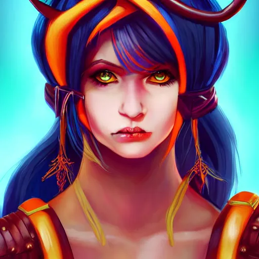 Image similar to illustrated portrait of youthful female feminine horned tiefling female bard with long blue bob cut hairstyle, her skin is orange and tanned, and her eyes are pure black orbs, and she is wearing colorful leather armor by rossdraws,