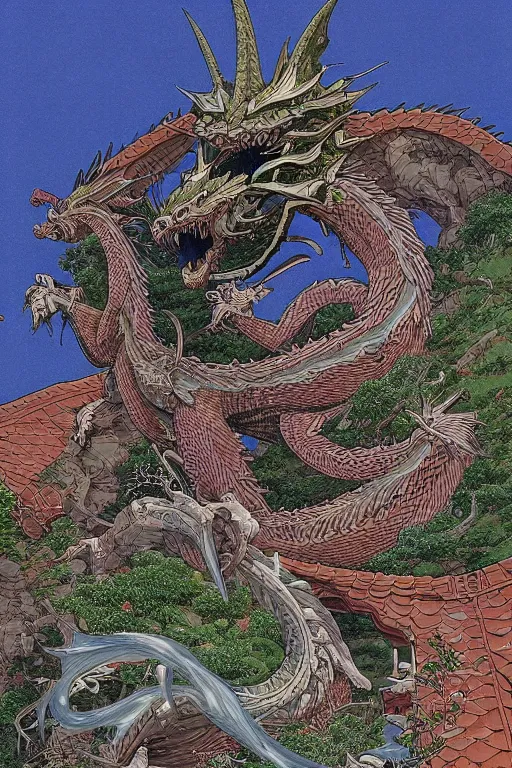 Image similar to beautiful hyperdetailed anime illustration of a dragon spiral over a rural japanese home, by moebius, masamune shirow and katsuhiro otomo