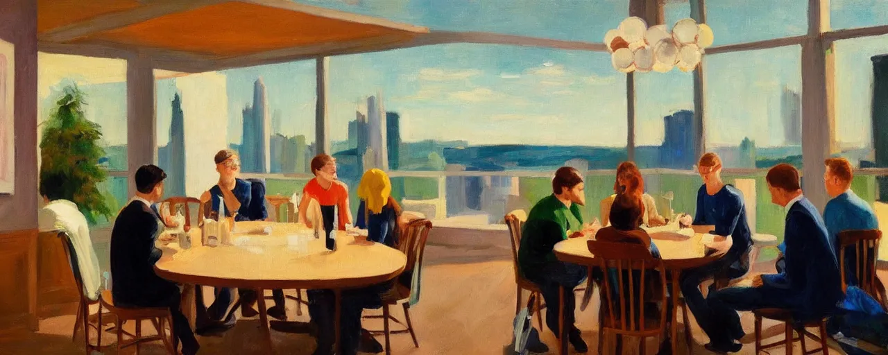 Prompt: a group of gen z friends sitting around talking about climate change while drinking old fashions, in the style of an edward hopper painting