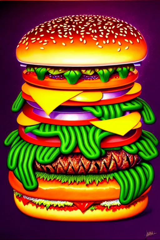 Prompt: a photorealistic painting of an isometric hamburger monster by johfra bosschart, lisa frank, dark fantasy art, high detail, trending on artstation