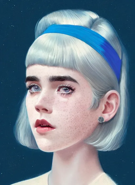 Image similar to portrait of kiernan shipka with freckles, white hair, big 1 9 6 0 s bob hairstyle with bangs and hairband, blue 1 9 6 0 s dress, intricate, elegant, glowing lights, highly detailed, digital painting, artstation, concept art, smooth, sharp focus, illustration, art by wlop, mars ravelo and greg rutkowski