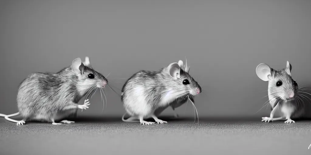 Image similar to a beautiful studio photo of exactly two!!! mice; 90mm; f/1.4; black and white