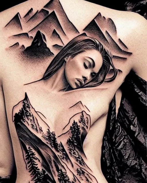 Image similar to creative double exposure effect tattoo design sketch of megan fox with beautiful mountains, realism tattoo, in the style of andrey lukovnikov, amazing detail, sharp