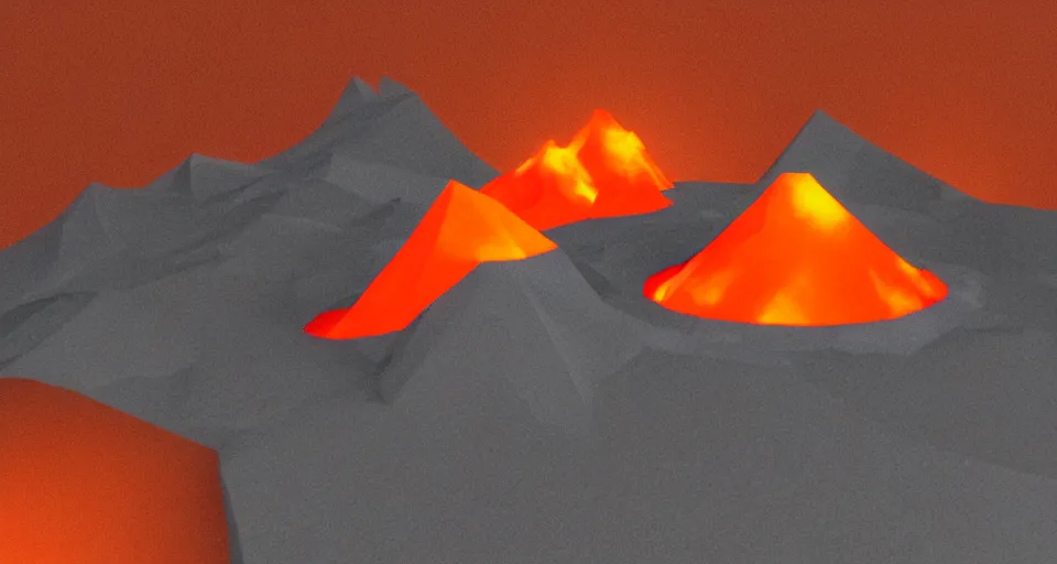 Image similar to low poly unity render of a volcano with glowing orange lava rolling down the side of it, low lighting