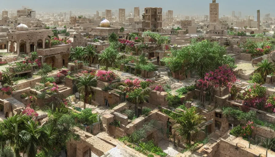 Image similar to ancient iranian city with rooftop gardens, flowers, palms, artstation