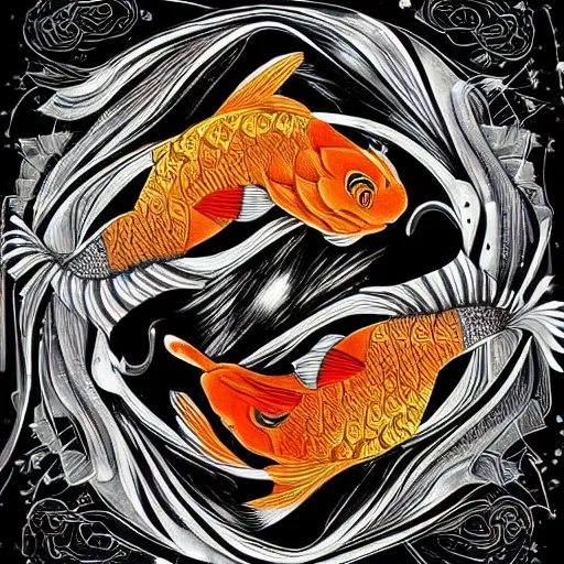 Image similar to 2 koi fish, yin yang, black white, by Android Jones