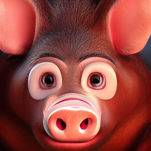 Prompt: half human half pig character portrait, pixar style, red eyes, dramatic lighting, concept art, artstation, beautiful