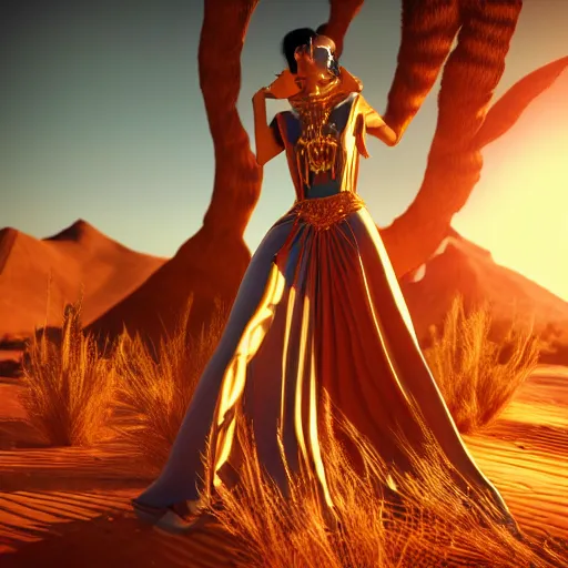 Image similar to giesha demon, innovative avant-garde art, deco fashion, asian women, highly detailed, photorealistic portrait, serene desert setting, golden hour, crisp quality and light reflections, unreal engine 5 quality render