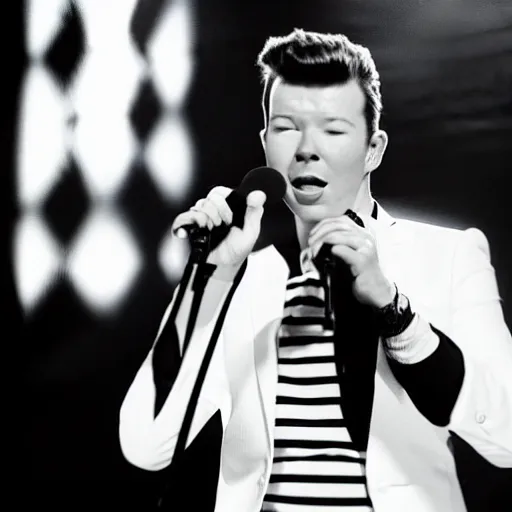 Prompt: young Rick Astley singing into a microphone, dancing, black suit, black and white striped shirt, white background