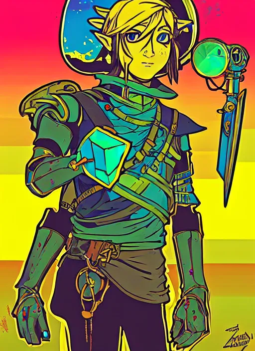 Prompt: solar punk link from zelda!! solar cyborg portrait illustration, pop art, splash painting, art by geof darrow, ashley wood, alphonse mucha, makoto shinkai