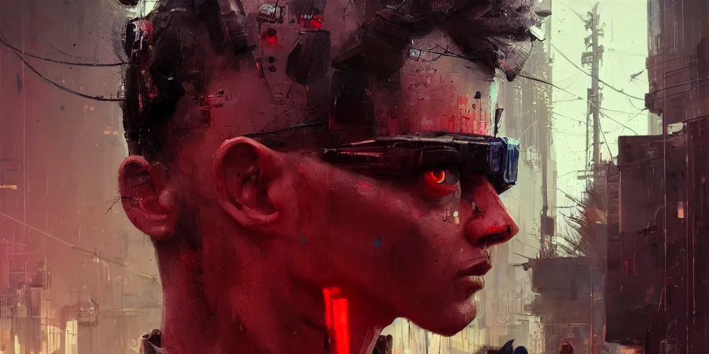 Image similar to extreme closeup on the eyes of a neon guard boy with short dark hair cyberpunk futuristic, in front of a dystopian crowd with piles of garbage by Ismail inceoglu dragan bibin hans thoma, Perfect face, fine details, realistic shaded, fine-face, pretty face