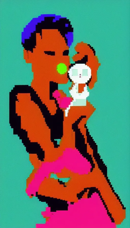 Image similar to beautiful still from retro snes arcade game featuring grace jones feeding her bioenhanced tamagotchi child, hyperreal detailed facial features and uv lighting, retro nintendo bitmap pixel art