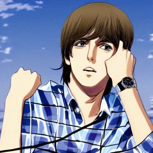 Image similar to s beautiful anime illustration of young Paul McCartney from the Beatles, wearing a blue and white check shirt and watch, relaxing on a yacht at sea, ufotable