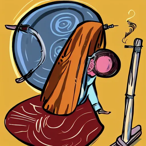 Prompt: a babushka hits a gong with a drumstick that looks like a cigarette, digital art