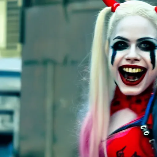 Image similar to an potrait of Avril Lavigne play Harley Quinn in suicide squad movie, 4k