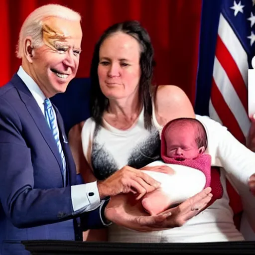 Prompt: Joe Biden and GG Allin show off their newborn baby at a press conference, high quality, close up