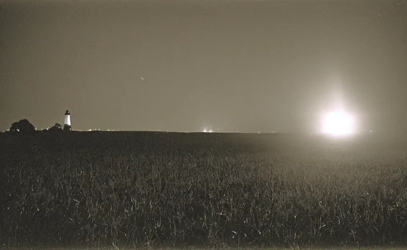 Image similar to red beam of light from lighthouse rotating over the field, night, unsettling, smoke and fire on the horizon, photo 1998