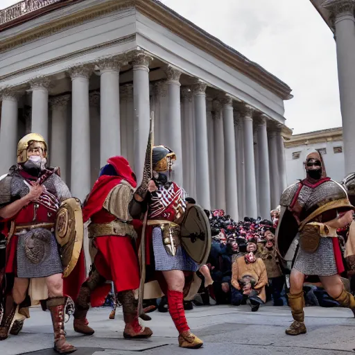 Prompt: roman soldiers and centurions invading the washington capitole, wearing maga hats ( january 2 0 2 1 )