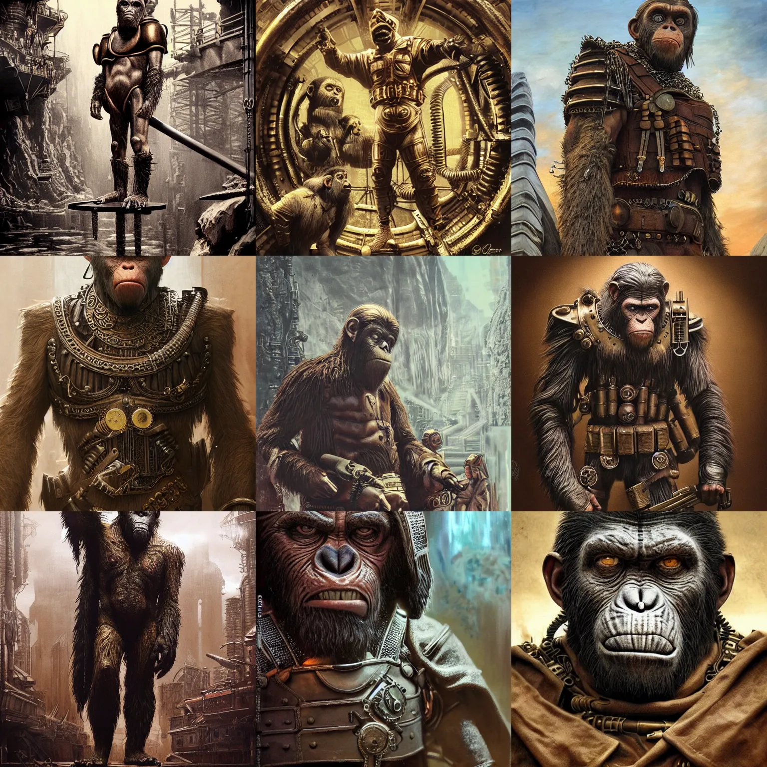 Prompt: Very very very very highly detailed epic photo of Cesar the money from planet of the apes in steampunk world, intricate, dystopian, sci-fi, extremely detailed, digital painting, artstation, concept art, smooth, sharp focus, illustration, intimidating lighting, incredible art by Artgerm and Vincent di Fate