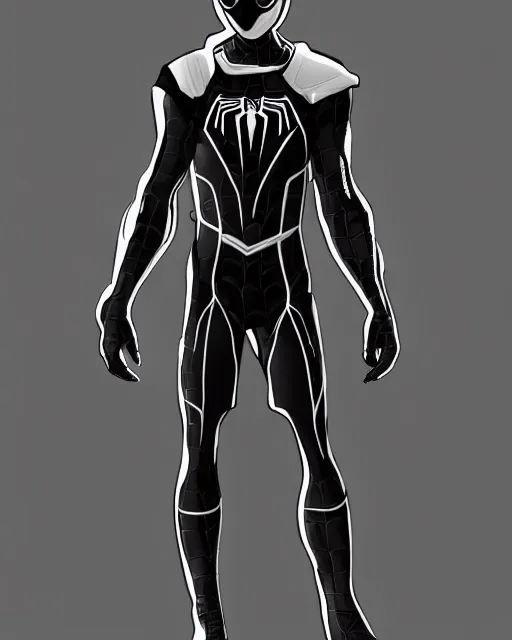 Image similar to black and white cyberpunk spiderman future foundation suit sleek greeble suit concept design