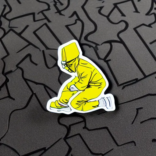 Image similar to die cut sticker, walter white breakdancing in techwear splatter paint