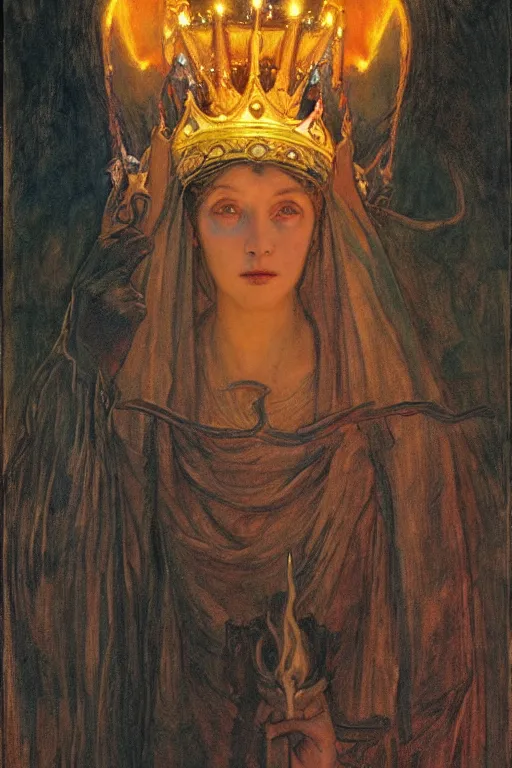 Image similar to child of darkness with her crown and lantern, by Annie Swynnerton and Nicholas Roerich and jean delville, dramatic cinematic lighting , ornate headdress , flowing robes, sacred artifacts, lost civilizations, smooth, sharp focus, extremely detailed