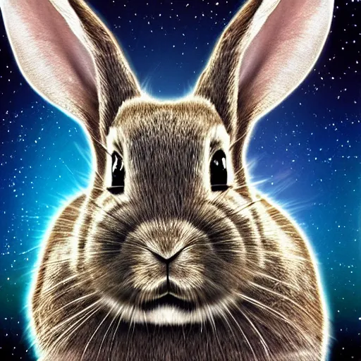 Prompt: serious rabbit's face, front view, filled with nebula, higher realistic, detailed