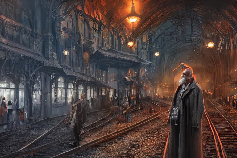 Image similar to some wizard waiting in hogwart train station in quiet dark city, hyper detailed, orange red blue tones dramatic lighting, cgsociety, realistic, hyper detailed, insane details, intricate, dramatic lighting, hypermaximalist, golden ratio, rule of thirds, octane render, weta digital, micro details, ultra wide angle, artstation trending, 8 k,