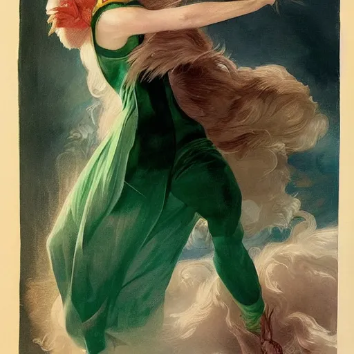 Prompt: Elle Fanning fighting a green ghost, retro-futurism, horror, by J. C. Leyendecker and Peter Paul Rubens, Extremely detailed. 8K. Award winning.
