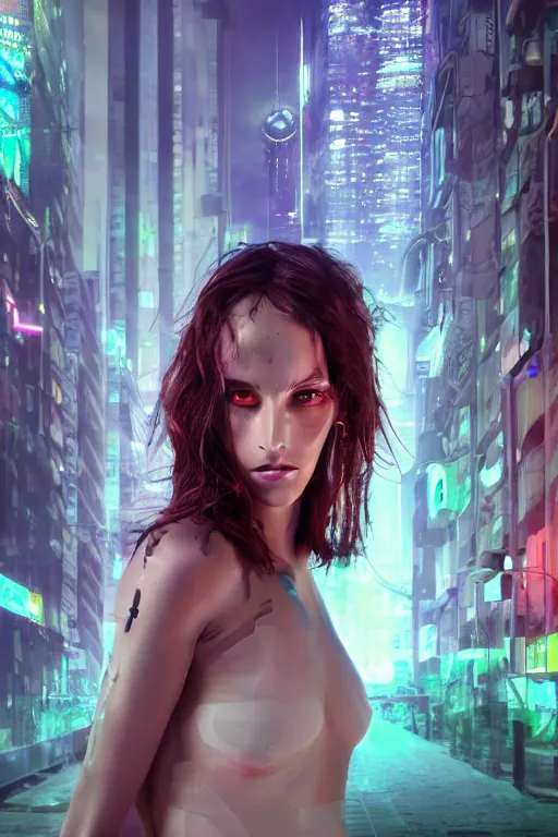 Prompt: hyperrealism portrait, digital art, wallpaper of a cyborg dryad, in a cyberpunk city, diffused lighting, neon ambient lighting, by laura zalenga, 8 k dop dof hdr, vibrant