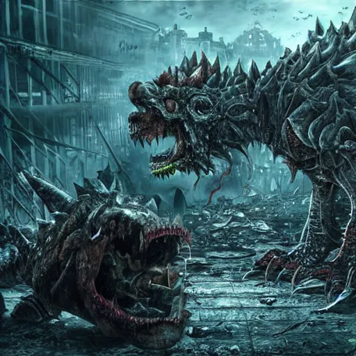 Image similar to Giga Bowser, Resident Evil virus concept art, destroyed kingdom, highly detailed, horror, scary, terrifying, horrific, hd 4k