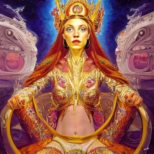 Image similar to Realistic painting of beautiful high cosmic magic fantasy priestess woman in detailed ornate costume, sitting on a throne in a throne room in a palace dramatic lighting, high-detailed oil painting by Ilya Repin, William Blake, Michelangelo da Caravaggio, Alex Grey and Beksinski, masterpiece, 4k