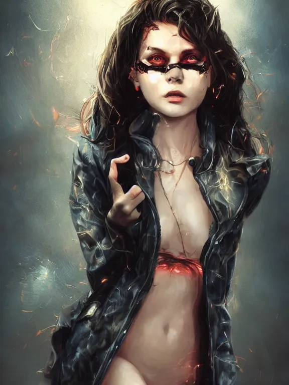 Image similar to digital illustration of a girl with eyes that burn like cigarettes wearing a short skirt and a long jacket with fingernails that shine like justice, dramatic lighting, photorealistic, full body shot, extreme detail, 4 k, colorful, artgerm and craig mullins