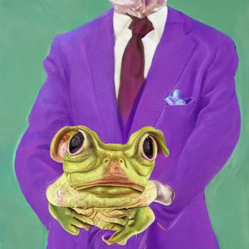 Image similar to Portrait of a psychotic crossbreed between a rabid dog and a toad, in a purple suit, oil painting