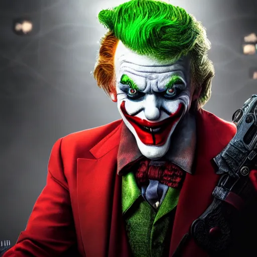 Prompt: donald trump as a joker - clown! in gears of war, splash art, movie still, cinematic lighting, ray tracing, detailed trump joker - clown face!, octane render, long lens, shallow depth of field, bokeh, anamorphic lens flare, 8 k, hyper detailed, 3 5 mm film grain