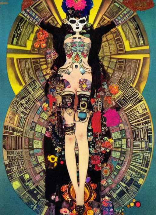 Prompt: cute punk goth fashion hippy fractal Día de los Muertos alien girl wearing kimono made of circuits and leds by Mario Testinoa, propaganda poster art by Hannah Höch Victor Moscoso Rick Griffin Alphonse Mucha Gustav Klimt Ayami Kojima Amano Charlie Bowater