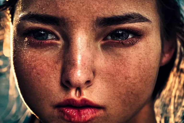 Image similar to an amazing photo, extreme close-up of the face of a young woman exercising, award winning photo, very detailed, cinematic, beautiful lighting effects