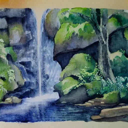 Prompt: a tranquil waterfall, detailed watercolor