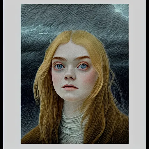 Image similar to professional painting of Elle Fanning in the style of Caspar David Friedrich, head and shoulders portrait, symmetrical facial features, smooth, sharp focus, illustration, intricate, stormy weather, extremely detailed masterpiece,