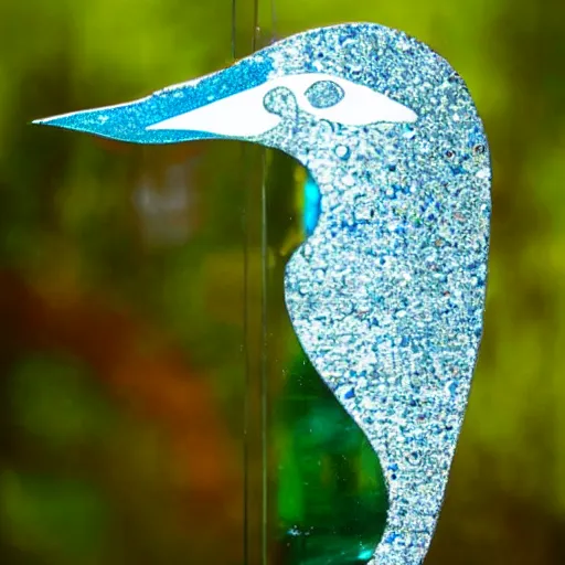 Image similar to wall art of a real life kingfisher made out of reflective crystal and very reflective polished metal, in the background is a forest, product photography