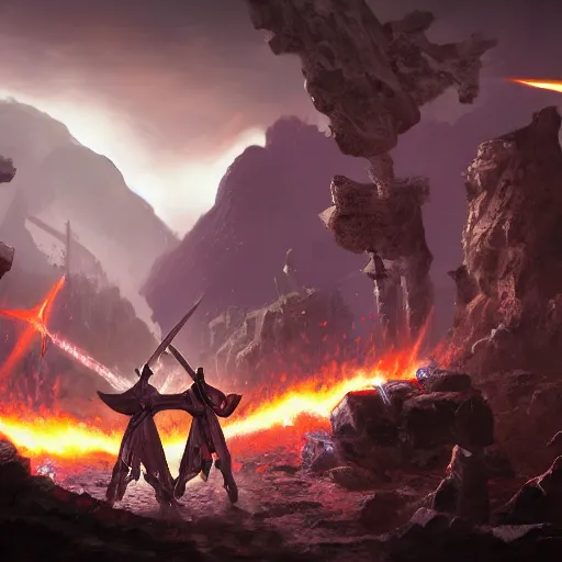 Image similar to a duel between 2 ninja armies standing in the ruins of crux prime, destroyed monastery, purple fiery maelstrom in the distance, digital art, artstationhq