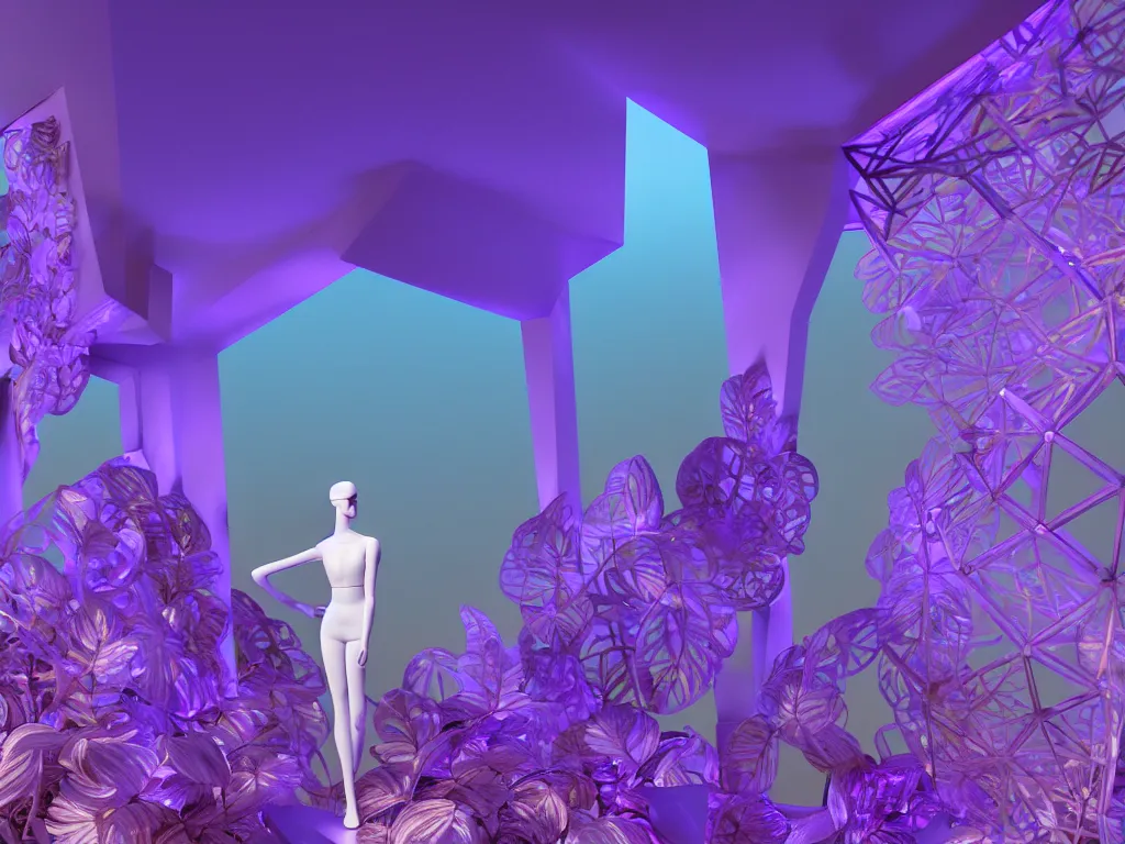 Prompt: beautiful mannequin sculpted out of amethyst by billelis + lit with 3 d geometric neon + facing a doorway opening with neon pink geometric fractal light + flowering hosta plants!!!, moon + city of los angeles in background!! dramatic, rule of thirds, award winning, 4 k, trending on artstation, photorealistic, volumetric lighting, octane render